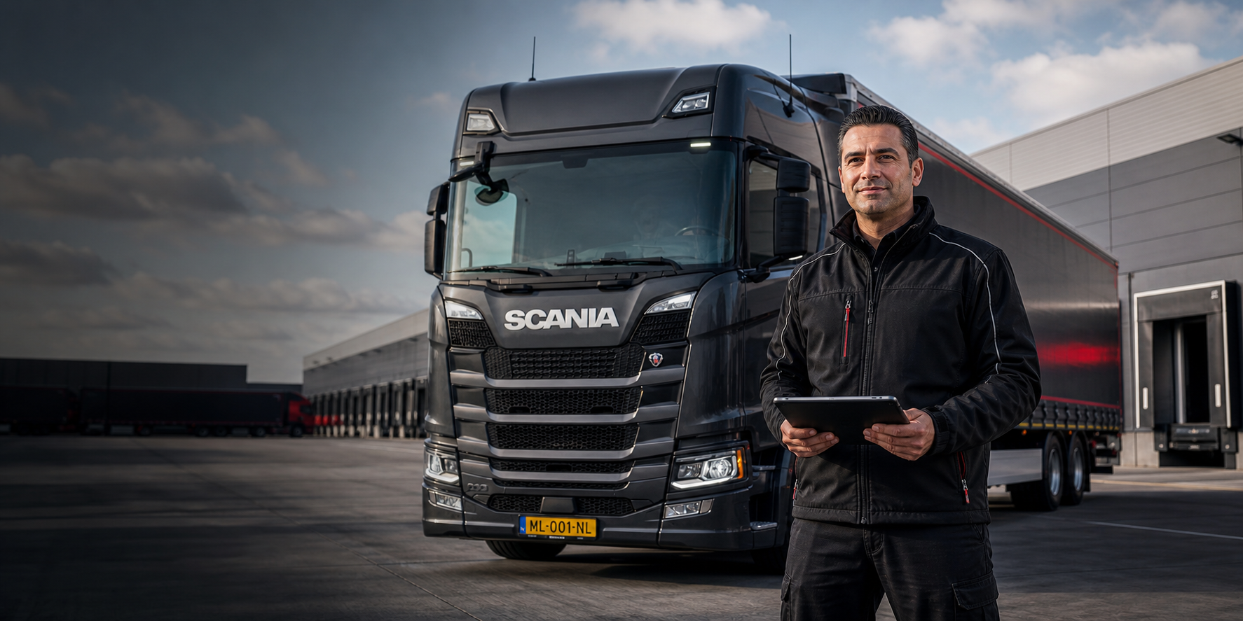 Nederlandse zelfstandige chauffeur bij een moderne vrachtwagen op een logistiek terrein