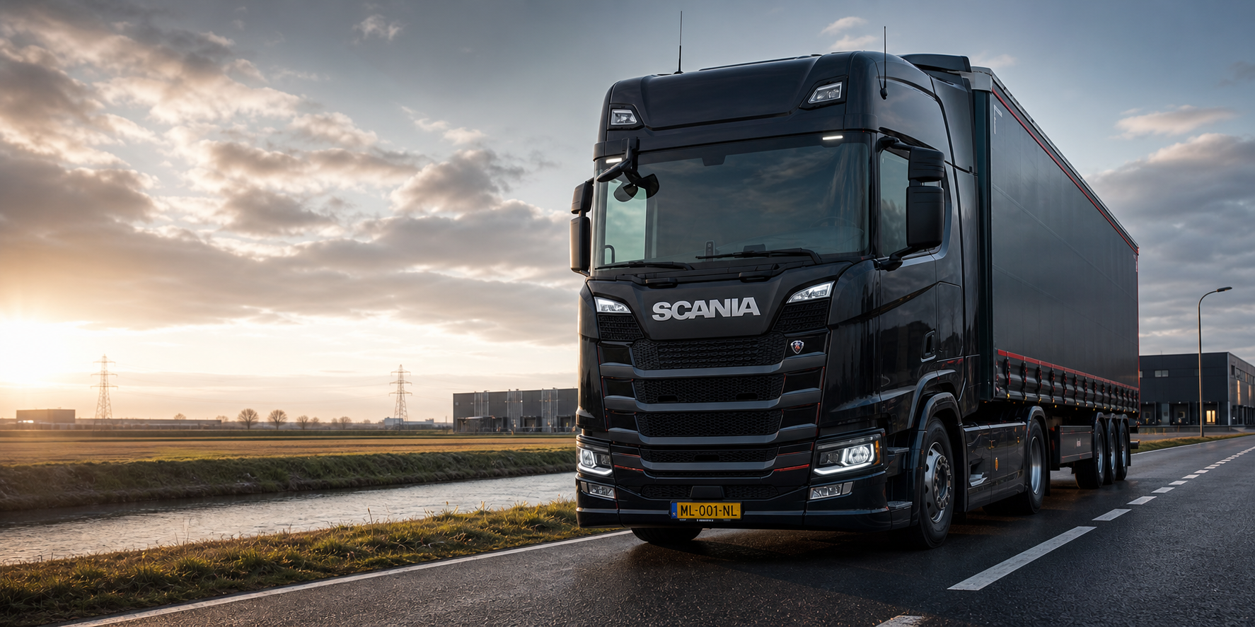 Zwarte vrachtwagen van ML-Service op een Nederlandse snelweg bij zonsopkomst