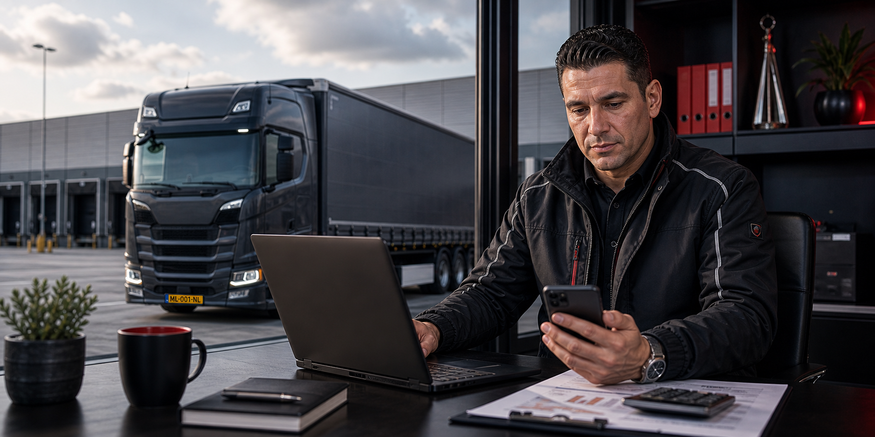 Nederlandse zelfstandige vervoerder bekijkt opbrengsten en kosten op een laptop