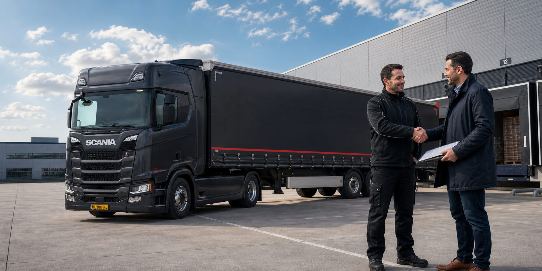 Nederlandse vervoersmanager en zelfstandige vervoerder geven elkaar een hand bij een vrachtwagen